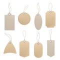 Brown craft labels. Different paper vintage blank pricing tags hanging with cord or rope isolated vector set