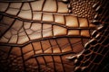 Brown crocodile skin texture, macro shot. Background for text. AI generated