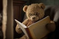 Brown cudly teddybear reading a book, ai generated illustration Royalty Free Stock Photo