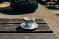 Brown Cup of coffe on wooden table in garden. Coffee Cup and saucer on napkin. Star anise and coffee