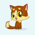 Brown cute kitty with green eyes and fluffy tail sitting. Vector cartoon cat illustration or icon. Royalty Free Stock Photo