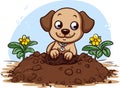 Brown Cute Pet Dog Digging The Hole In Dirt In The Garden, Animal Emotion Cartoon Vector