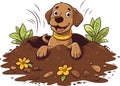 Brown Cute Pet Dog Digging The Hole In Dirt In The Garden, Animal Emotion Cartoon Vector