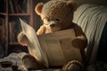 Brown cute teddy with glasses reading a newspaper, ai illustration