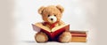 brown cute teddybear is reading fairy tales and is sitting on white background, generative ai illustration