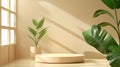 Brown cylinder podium with wood texture and leaves in beige studio room interior. Realistic modern product display