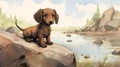 Nostalgic Children\'s Book Illustration: Dachshund Puppy By The River