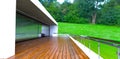 Brown decking as floor cover of the contemporary terrace fenced with glass with steel railings. 3d rendering