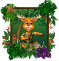 Brown Deer In Forest With Tropical Plant Flower In Wood Square Frame Cartoon
