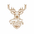 Brown deer head badge, vector vintage illustration logo