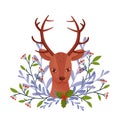 Brown Deer Near Floral Twigs. Hoofed Ruminant Mammal Sticking Out Its Head Through Winter Flora Vector Illustration