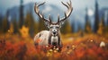 Brown Deer Stag In Field Of Golden Autumn Flowers - Realistic Portraitures