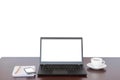 Brown desk with Laptop, notebook computer, mobile isolate on white background for business background