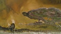 Brown dirty lake with patterned shore. Shot. Top view of patterned surface of marshy shores and musty brown acid lake