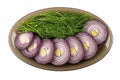 Brown dish with slices red onion and dill on white Royalty Free Stock Photo