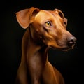 Brown dog with big eyes and an intense gaze. It is standing on black background, looking directly at camera or viewer Royalty Free Stock Photo