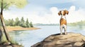 Serene Watercolor Illustration Of A Dog Watching Water By A Rock