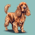 Brown dog, possibly an English Setter. It is standing on blue background with its tail up and looking at camera. Its Royalty Free Stock Photo