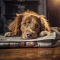 A brown dog relaxing on a newspaper