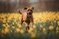 a brown dog running through a field of yellow daffodils Royalty Free Stock Photo