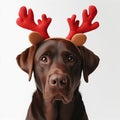 brown dog wearing a pair of red deer antlers