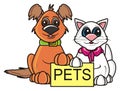 Brown dog and white cat with a sign pets