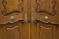 Brown wooden door with ornament keyhole and elegant carvings Royalty Free Stock Photo