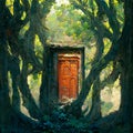 Brown doorway is on a trail in the magic forest Royalty Free Stock Photo