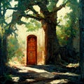 Brown doorway is on a trail in the magic forest Royalty Free Stock Photo