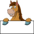 Brown Draft Horse Cartoon Mascot Character Over A Blank Sign