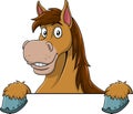 Brown Draft Horse Cartoon Mascot Character Over A Sign