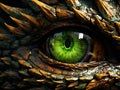 Brown dragon eye. Light green eye of a wooden Dragon. Green eyes. Mythological creatures concept. Animal eye. Fantastic monster.