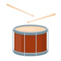 Brown drum and wooden drumsticks icon musical instrument.