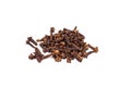 Brown dry clove seasoning spice heap isolated on white background.