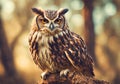 Brown eagle owl in the forest on natural blurred background.