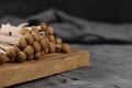 Brown edible mushrooms native to East Asia called \'Buna Shimeji\' on wooden cutting board Royalty Free Stock Photo