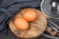 Brown egg, bowl, whisk, close Royalty Free Stock Photo