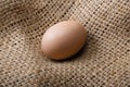 Brown egg lies on a bag. Natural crude products