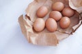 Brown egg in paper bag behind on a light colored background,Fresh chicken eggs on wood table