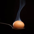 Brown egg wrapped in smoke in spoon