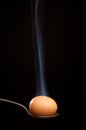 Brown egg wrapped in smoke in spoon
