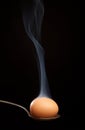 Brown egg wrapped in smoke in spoon