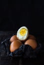 Brown eggs on a black napkin on dark background