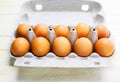 Brown eggs in a cardboard box. Fresh organic chicken eggs in carton or egg container with copy space Close-up view of Royalty Free Stock Photo