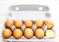 Brown eggs in a cardboard box. Fresh organic chicken eggs in carton or egg container with copy space Close-up view of Royalty Free Stock Photo