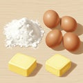 Brown eggs, a mound of flour, and two rectangular blocks of butter are arranged on a Royalty Free Stock Photo