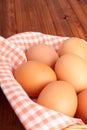 Brown eggs on the vintage cloth in the basket Royalty Free Stock Photo