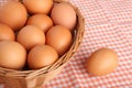 Brown eggs on vintage tablecloth and in the basket Royalty Free Stock Photo