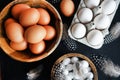 Brown eggs in a wooden bowl, white chicken eggs in a tray next to quail eggs and feathers Royalty Free Stock Photo