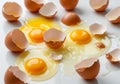 Brown eggshells and broken eggs spread across a white surface. Two eggs are cracked, revealing Royalty Free Stock Photo